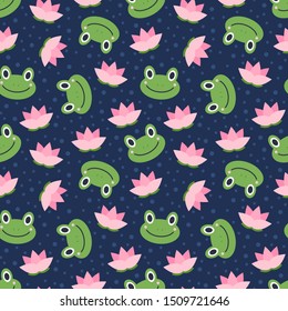 Seamless vector pattern with frogs and lotuses. Children's background for printing on textiles, clothing, wallpaper, paper and other.