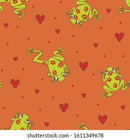 Seamless vector pattern with frogs and love hearts on background. Valentines day animal wallpaper design. Kiss me.