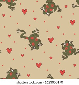 Seamless vector pattern with frogs and love hearts on pink background. Valentine day wallpaper design with kiss me frog prince. Animal themed.