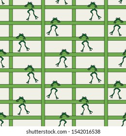 Seamless vector pattern with frogs on light green background. Simple square texture wallpaper design. Decorative repeat animal fashion textile.