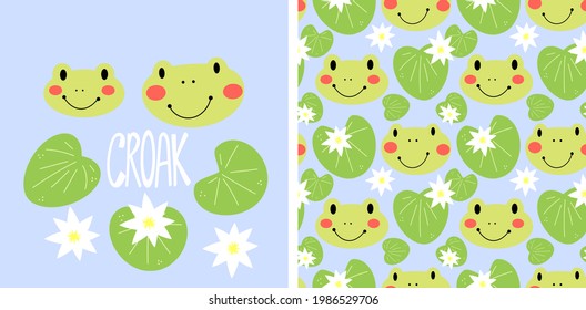 Seamless vector pattern with frogs and water lilies on a blue background. Illustration with funny childish frogs and lotuses isolated on background.