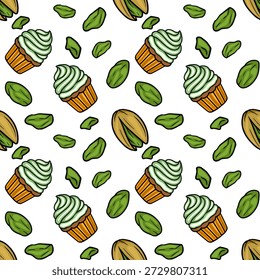 Patrón de Vector sin fisuras de cupcakes de pistacho esmerilado y pistachos sueltos