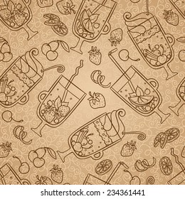 Seamless vector pattern with fruit and berry tea. Vintage stylized.  Can be used for fabrics, wallpapers, scrap-booking, etc