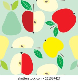 Seamless vector pattern fruit on a green-blue background. Apples and pears whole and sliced.