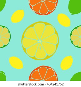 Seamless vector pattern of fruit, orange, lemon
