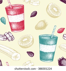 Seamless vector pattern with fruit smoothie ink hand drawn illustration. Banana, kiwi, nuts and strawberries smoothie background.Healthy drink recipe in pastel colors