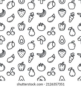 Seamless vector pattern of fruit and vegetable icons on a white background. A pattern of icons of healthy food, apple, broccoli, banana, pear, avocado strawberry, lemon, carrot, eggplant, pepper