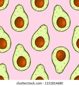 Seamless vector pattern with fruits avocado. For kitchen, for printing on textiles, phone case. Mix design for fabric and decor.Vitamin farm, drawing, product market. Hand draw illustration.