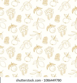 Seamless vector pattern with fruits and berries on beige background -apple, lime, lemon, peach