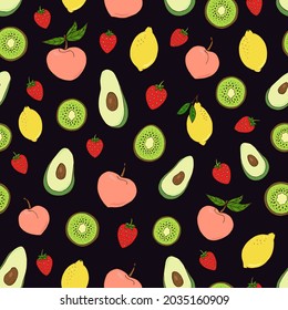 Seamless vector pattern of fruits and berries. Decoration print for wrapping, wallpaper, fabric, textile.