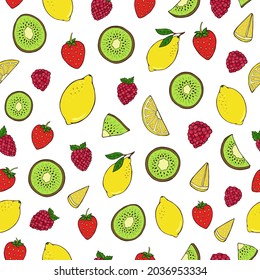 Seamless vector pattern of fruits and berries. Decoration print for wrapping, wallpaper, fabric, textile.