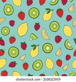 Seamless vector pattern of fruits and berries. Decoration print for wrapping, wallpaper, fabric, textile.