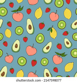 Seamless vector pattern of fruits and berries. Decoration print for wrapping, wallpaper, fabric, textile.