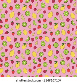 Patrón vectorial de frutos y bayas sin foco. Impresión decorativa para envolturas, papel pintado, tela, textil.