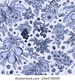 Seamless vector pattern of fruits and berries. Cherries, grape, apples, rose hips, raspberries, blackberries, cloudberries, lingonberries, blueberries, pear, currant