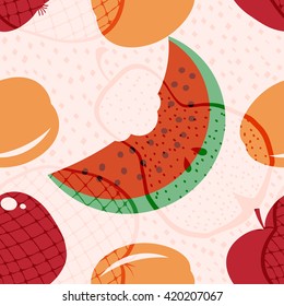 Seamless vector pattern with fruits and berries. Pear, watermelon, apple, pomegranate and apricot - seamless texture. Colored illustration for print, wallpaper, fabrics and paper. Stock vector