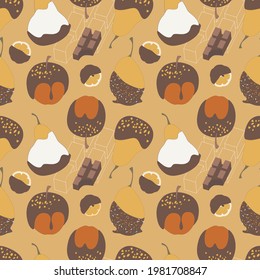 Seamless vector pattern with fruits covered in chocolate on yellow background color. Pears, apples, lemons and pies chocolate bar. Great for fabric, textile design, wrapping paper, wallpaper, cover.