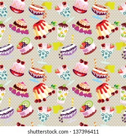 Seamless vector pattern  with fruits desserts on spotted background.