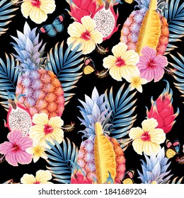 Seamless vector pattern with fruits and flowers