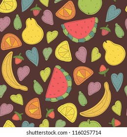 Seamless vector pattern with fruits and hearts. Concept for fabric and paper, surface textures.