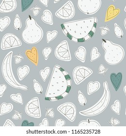 Seamless vector pattern with fruits and hearts. Concept for fabric and paper, surface textures.