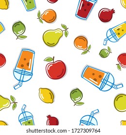 Seamless vector pattern with fruits, juice, smoothies.Isolated fruit illustration, great for wallpaper, textile and texture design. Kids design, fabric, wrapping, apparel.