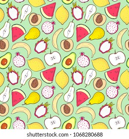 Seamless vector pattern with fruits. For kitchen, for printing on textiles, phone case. Mix design for fabric and decor. Hand draw illustration.