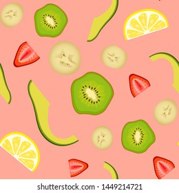 Seamless vector pattern with fruits. Pink background. Multicolored icons.