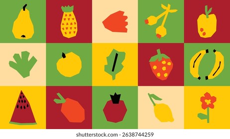 Seamless vector pattern with fruits- Playful hand-cut style fruit icons in a bold checkerboard layout. Ideal for packaging, kids’ kitchen decor, and fun food-related branding. Inspired by vintage Medi
