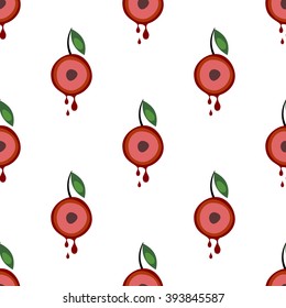 Seamless vector pattern with fruits. Symmetrical background with cherries and leaves on the white backdrop. Series of Fruits and Vegetables Seamless Patterns.