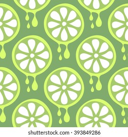 Seamless vector pattern with fruits. Symmetrical background with closeup limes on the green backdrop. Series of Fruits and Vegetables Seamless Patterns.