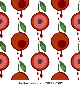 Seamless vector pattern with fruits. Symmetrical background with cherries and leaves on the white backdrop. Series of Fruits and Vegetables Seamless Patterns.