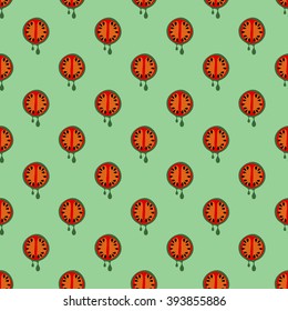 Seamless vector pattern with fruits. Symmetrical background with watermelons on the green backdrop. Series of Fruits and Vegetables Seamless Patterns.