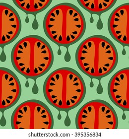 Seamless vector pattern with fruits. Symmetrical background with watermelons on the green backdrop. Series of Fruits and Vegetables Seamless Patterns.