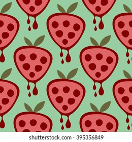 Seamless vector pattern with fruits. Symmetrical background with strawberries on the green backdrop. Series of Fruits and Vegetables Seamless Patterns.