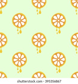 Seamless vector pattern with fruits. Symmetrical background with oranges on the green backdrop. Series of Fruits and Vegetables Seamless Patterns.
