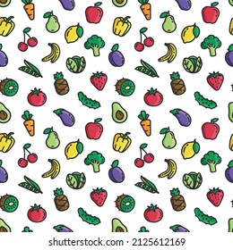 Seamless vector pattern with fruits and vegetables on a white background. Flat healthy food pattern