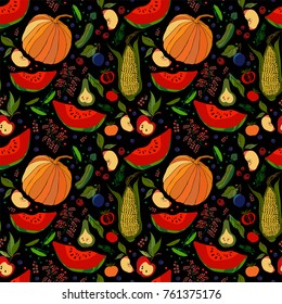 seamless vector pattern with fruits, vegetables and berries on a dark background