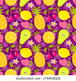 Seamless vector pattern with fruits in vivid colours.