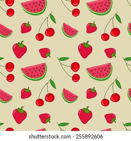 Seamless vector pattern with fruits (watermelon, strawberry, cherry)