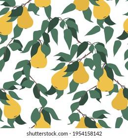 Seamless vector pattern. Fruits of a yellow ripe pear on a branch with leaves. Simple abstract shapes, minimalism. Fruit harvest. Vector background for cover, print for clothes, textiles.