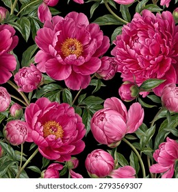 Seamless vector pattern with fuchsia-pink peony flowers isolated on a changeable background.
