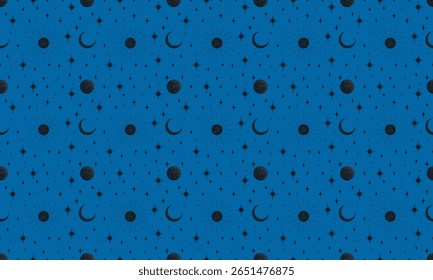 Padrão de vetor sem emenda com lua cheia, lua crescente, estrelas e sol. Padrão do céu estrelado sobre fundo azul.