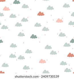 Seamless vector pattern with fun clouds and raindrops. Scandi theme design. Cute hand drawn background for kids room decor, nursery art, apparel, packaging, wrapping paper, textile, fabric, wallpaper.