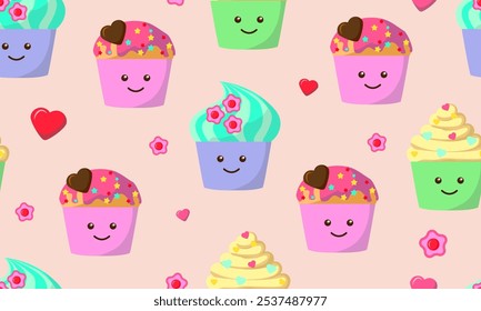 Seamless vector pattern with fun, colorful, cute and bright cupcakes. Vector