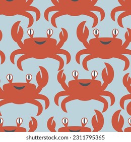 Seamless vector pattern with fun crabs on a blue background.