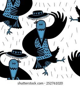 Seamless vector pattern with fun crow. Animal hand drawn background. Cartoon illustration.