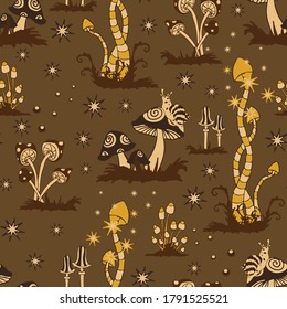 Seamless vector pattern with fun mushrooms on brown background. Magic forest wallpaper design. Artistic fashion textile.