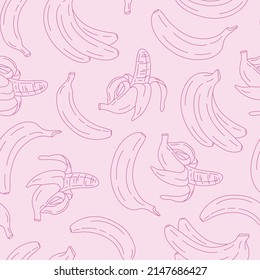 Seamless Vector Pattern With Fun Pink Banana Fruits. Cute Fruity Texture. Line Objects. Hand Drawn Doodle Background For Card, Gift, Packaging, Wrapping Paper, Wallpaper, Fabric, Textile.