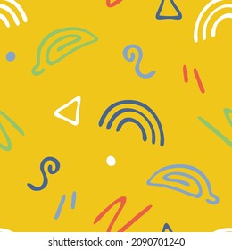 Seamless vector pattern with fun shapes on yellow background. Simple hand drawn doodle wallpaper design. Decorative happy summer fashion textile.